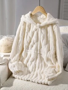 SHEIN 女童休闲时尚双面针织羊毛连帽夹克，3D 耳朵装饰，长袖拉链松紧腰中长款舒适外套 - 杏色 - 查看 3