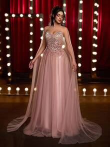 优雅奢华串珠、亮片和水钻可拆卸超大喇叭下摆露肩连衣裙，适合婚礼、派对、节日、庆典、正式活动（重度装饰） - 藕粉色 - 查看 9