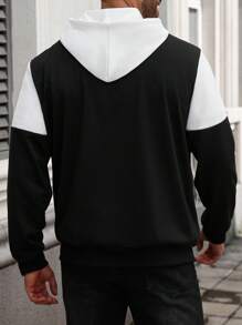 Manfinity Homme Plus Size Men's Contrast Color Patchwork Zip-Up Hoodie Sweatshirt , Fall, Long Sleeve Top - Black and White - View 2