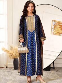 SHEIN Teen Girl Black & Gold Elegant Luxury Long Dress With Gold Ribbon & Mesh Cardigan 2 Pieces Set - Black - View 1