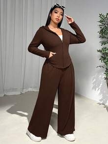 SHEIN EZwear 大码女式两件套：棕色修身舌形下摆拉链夹克 + 宽松松紧腰长裤，羊毛面料，秋冬棕色两件套 2 件休闲套装女士棕色连帽拉链套装 2 件套女士女士棕色裤子套装 - 巧克力棕 - 查看 6