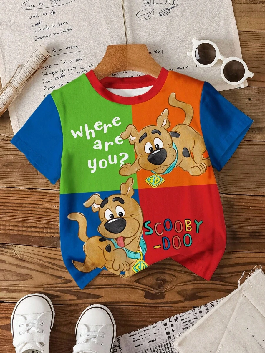 SCOOBY-DOO X SHEIN Young Boy Casual Cute Cartoon Dog & Slogan Graphic Short Sleeve T-Shirt, Summer - White - View 1