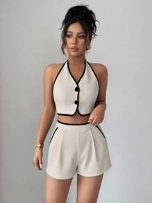 Selianne Nuevo conjunto de verano de 2 piezas para mujer con top corto con espalda descubierta y lazos, y shorts con bolsillos en contraste - Albaricoque - Ver 3