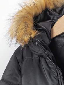 Elladie kids Autumn/Winter New Girls Young Girl Fashionable Thick Mid-Long Hooded Coat With Fur Collar, Korean Style Longline Outerwear Fall Girls Coat Black - Black - View 6