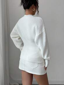 SHEIN Clasi Blusa de punto de manga larga con cuello en V y cintura ceñida para mujer - Blanco - Ver 3