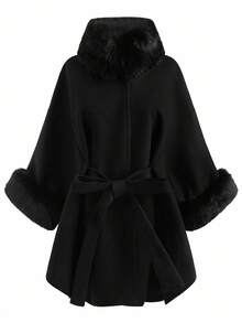 GlowEve CURVE Plus Size Women's Elegant Overcoat With Fur Collar And Belt Winter Fall Autumn - Black - View 5