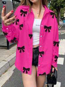 INAWLY 女士宽松长袖蝴蝶结印花休闲衬衫 - 白色 - 查看 3