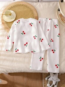 2 件套小女孩法兰绒樱桃印花圆领长袖睡衣套装，柔软舒适儿童冬季睡衣适合日常穿着 - 白色 - 查看 2