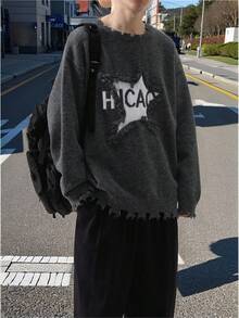 Claim Dot 男士休闲时尚街头字母星星图案原始破洞边缘落肩宽松套头衫，秋冬破洞毛衣男士垃圾摇滚毛衣圆领毛衣图案毛衣男士 90 年代毛衣 - 彩色 - 查看 1