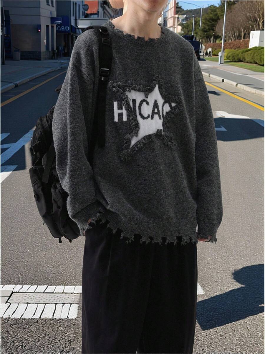 Claim Dot 男士休闲时尚街头字母星星图案原始破洞边缘落肩宽松套头衫，秋冬破洞毛衣男士垃圾摇滚毛衣圆领毛衣图案毛衣男士 90 年代毛衣 - 彩色 - 查看 1