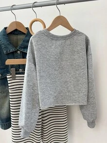 SHEIN Tween Girls 深灰色短款连帽衫，高腰长袖休闲简约纯色运动衫，适合秋冬日常休闲穿着 - 灰色 - 查看 8