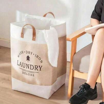 1 件亚麻大容量洗衣篮，衣服拼布字母印花可折叠洗衣篮，带皮革手柄，用于存放卧室、浴室的玩具和衣物可折叠洗衣篮，乡村风格，53 升大容量