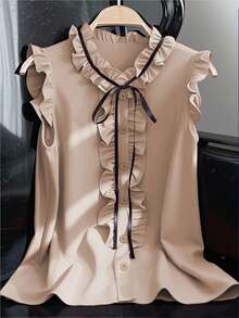 Franclia 无袖荷叶边休闲宽松衬衫，优雅女士衬衫，红色女式夏季上衣 - 卡其色 - 查看 4