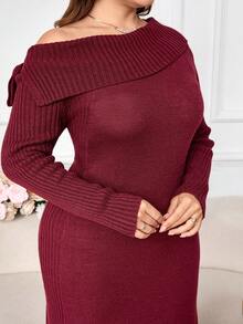 Modelyn Plus Size Women Faux Cashmere Off-Shoulder Bodycon Dress Winter Fall Autumn - Burgundy - View 1