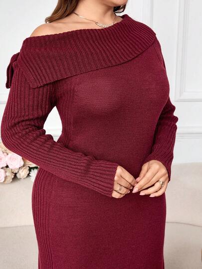Modelyn Plus Size Women Faux Cashmere Off-Shoulder Bodycon Dress Winter Fall Autumn