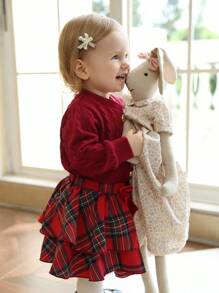 SHEIN Baby Girl Versatile Autumn/Winter/Christmas Set: Solid Red Round Neck Long-Sleeved Top Paired With A Red Plaid Elastic Waist Skirt. Perfect For Christmas Gifts, Autumn Dresses, Christmas Celebrations, Back-To-School Wear, And Carnivals. - Burgundy - View 6