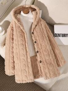 SHEIN 少女心羊毛连帽长款开衫，适合日常穿着，秋冬 - 杏色 - 查看 7