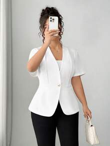 Elenzga Blazer blanco casual de estilo francés de manga corta, de tela rígida y abotonadura sencilla para mujer de talla grande