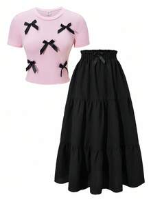 SHEIN Explorewe 2pcs/Set Tween Girls Pink Printed Pullover T-Shirt & Layered Ruffle Hem Skirt Set - Multicolor - View 3