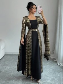 Rafferiza Fashionable Minimalist Square Collar Long Lantern Sleeve Foil Printed Spring & Summer Long Dress Fall Cloth For Women - Black - View 4