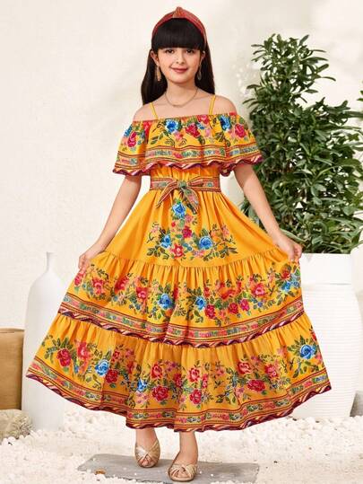 SHEIN Tween Girl Loose Casual Off Shoulder Ruffle Trim Retro Print Belted Bow Maxi Dress, Countryside Style, Resort Style, Casual Resort, Travel, Boho, Yellow Maxi Dress