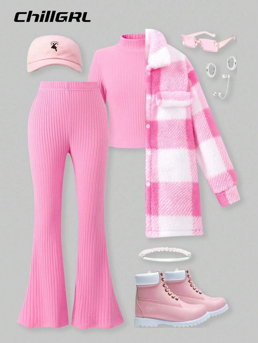 SHEIN ChillGRL Tween Girl 3 件套粉色服装套装：格子翻领长袖夹克 & 纯色高领长袖 T 恤 & 纯色喇叭裤