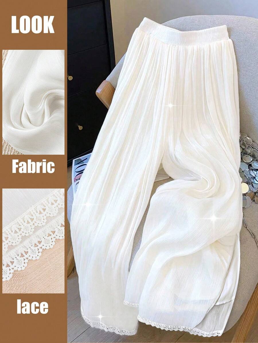 SHEIN Clasi Plus Size Pants With Embroidered Mesh Lace Patchwork, Elegant Casual Straight Leg Slim Fit Fall Cloth For Women