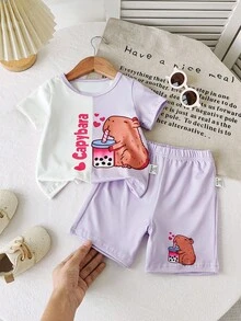 Sparklyn Quần áo mùa đông, Bộ đồ mùa đông, Quần áo mùa đông cho bé gái, Quần áo mùa thu, Halloween, Trang phục Halloween, Quần áo Giáng sinh, Bộ 2 món áo thun ngắn tay cổ tròn in chữ và hình quả dứa cho bé gái và quần short. - Màu tím - Xem 6