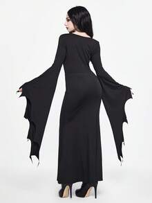 ROMWE Goth 哥特式暗黑派对蝙蝠袖喇叭袖黑色腰部收紧方领女式连衣裙 - 黑色 - 查看 3