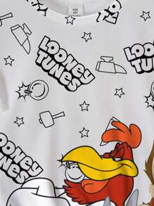 LOONEY TUNES X SHEIN 青少年男孩字母和卡通图案圆领短袖T恤 - 白色 - 查看 4