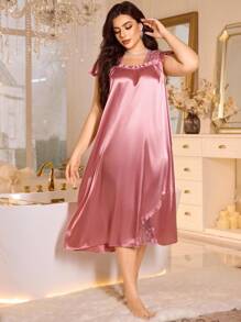 MuseNap CURVE Plus Size Romantic Solid Color Faux Silk Patchwork Embroidered Lace Ruffle Hem Nightgown, Moo Moo Satin Sleepwear - Dusty Pink - View 5