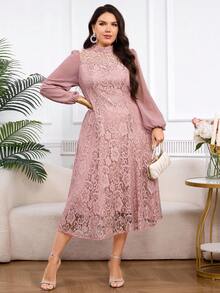 Modelyn Plus Size Pink Lace Patchwork Long Sleeve Dress