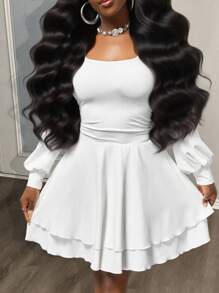 Slaydiva 2025 Frühherbst Neue Einfache Lässige Grundlegende Sport Süße Quadratischer Ausschnitt Puffärmel Langarm Geraffter Doppellagiger Locker Schwingender Rock A-Linie Rock Mehrlagiger Saum Weißes Damen Mini Kleid