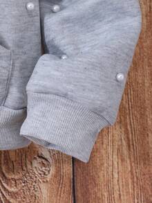 SHEIN Teen Girls Casual Chic Faux Pearl Embellished Thermal Lined Zip-Up Sweatshirt - Grey - View 4