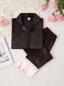 2pcs Elegant & Sweet Solid Color Girls' Long Sleeve Top And Pants Homewear Set Girls Pajama Set - Black - View 1