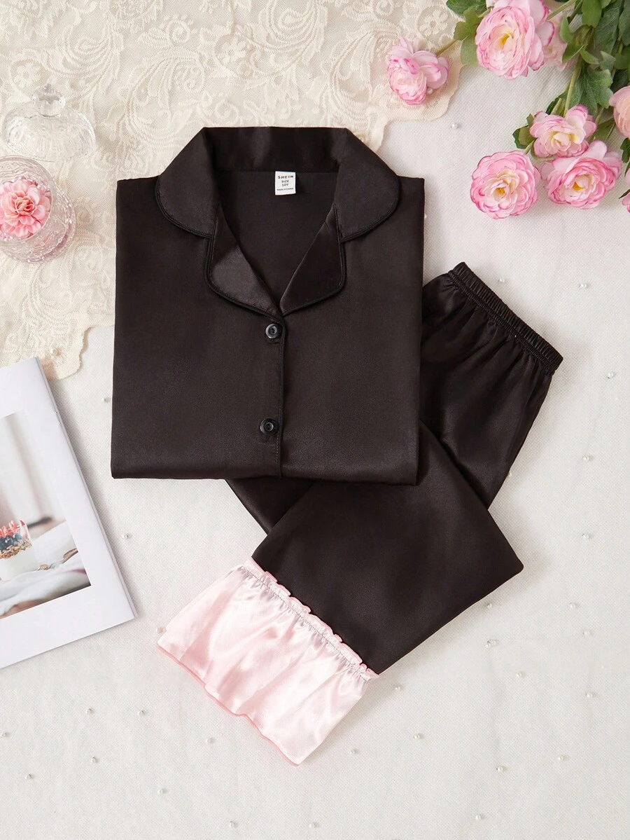 2pcs Elegant & Sweet Solid Color Girls' Long Sleeve Top And Pants Homewear Set Girls Pajama Set - Black - View 1