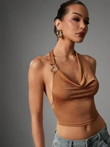 Hauture Women's Asymmetric Neck Hanging Ring Detail Fitted Blouse - Mocha Brown - View 4