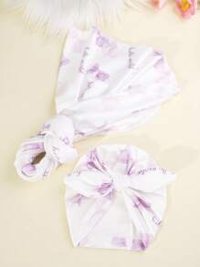 SHEIN 2er Set Neugeborenen Fotografie Wickeltuch Rosa Schleifenmuster Baby Mädchen Foto Requisiten mit Schleife Turban Hut Neugeborenen Decke