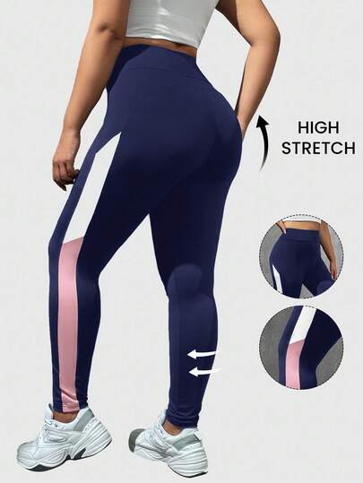 SHEIN EZwear Navy Blue Patchwork Color Block Plus Size Leggings