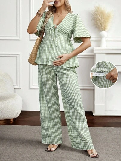 SHEIN Set de 2 piezas: Blusa a cuadros con cordones y pantalones de pierna ancha