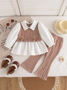 SHEIN 2pcs/Set Baby Girls Autumn New Outfit, White Patchwork Ribbed Fabric Long Sleeve 2 In 1 Shirt With Bow, Casual Ribbed Flare Pants, Versatile Everyday Wear