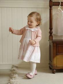 SHEIN Baby White,Autumn,Matching Family Peter Pan Collar Sleeveless Pink Dress And Long Sleeve Crew Neck Cardigan Set,Cute Fall Homecoming Hoco Dresses - Baby Pink - View 1