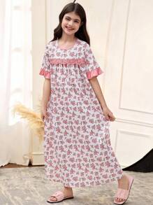 SHEIN 青少年女孩花卉图案圆领蕾丝边休闲短裤家居睡袍，花卉印花短袖休闲连衣裙兄弟姐妹装配套服装（2 件单独出售） - 米色 - 查看 1