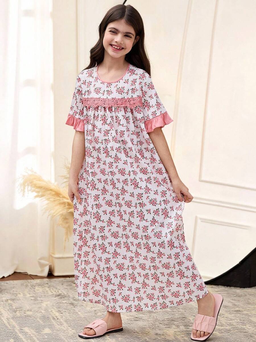 SHEIN 青少年女孩花卉图案圆领蕾丝边休闲短裤家居睡袍，花卉印花短袖休闲连衣裙兄弟姐妹装配套服装（2 件单独出售） - 米色 - 查看 1