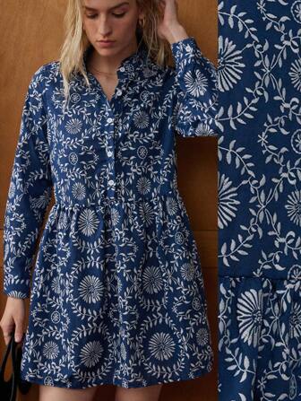 Écloséra 法式复古海军蓝刺绣花卉衬衫裙