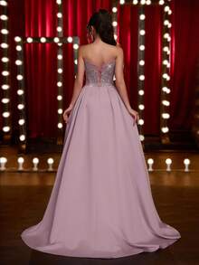 Glamrae 优雅奢华露肩透视长袖美人鱼长裙，超大喇叭下摆，饰有奢华珠子、花卉亮片和网眼面板，适合婚礼、派对、度假、庆典和正式活动（重度装饰） - 藕粉色 - 查看 6