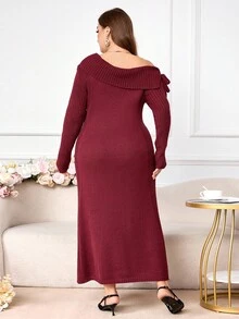 Modelyn Plus Size Women Faux Cashmere Off-Shoulder Bodycon Dress Winter Fall Autumn - Burgundy - View 2