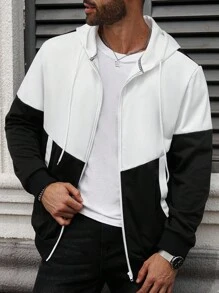 Manfinity Homme Plus Size Men's Contrast Color Patchwork Zip-Up Hoodie Sweatshirt , Fall, Long Sleeve Top - Black and White - View 1