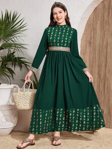 SHEIN Vestido Maxi elegante para adolescentes, verde oliva con patrón retro de hojas metálicas doradas, decorado con cinturón trenzado dorado - Verde Oscuro - Ver 3