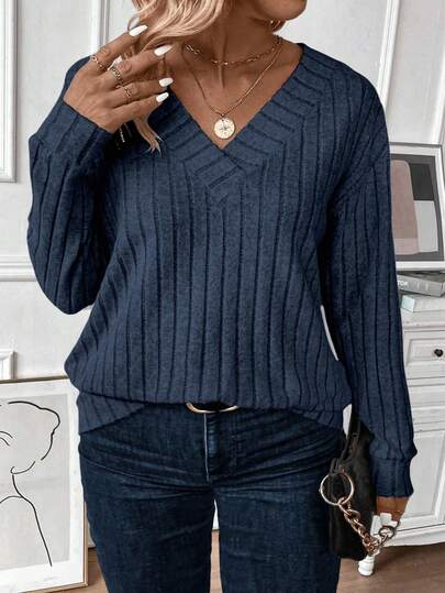 EMERY ROSE Plus Size Women's Fashion Casual V-Neck Loose Sweatshirt, Blue Fall Cloth For Women Winter Autumn